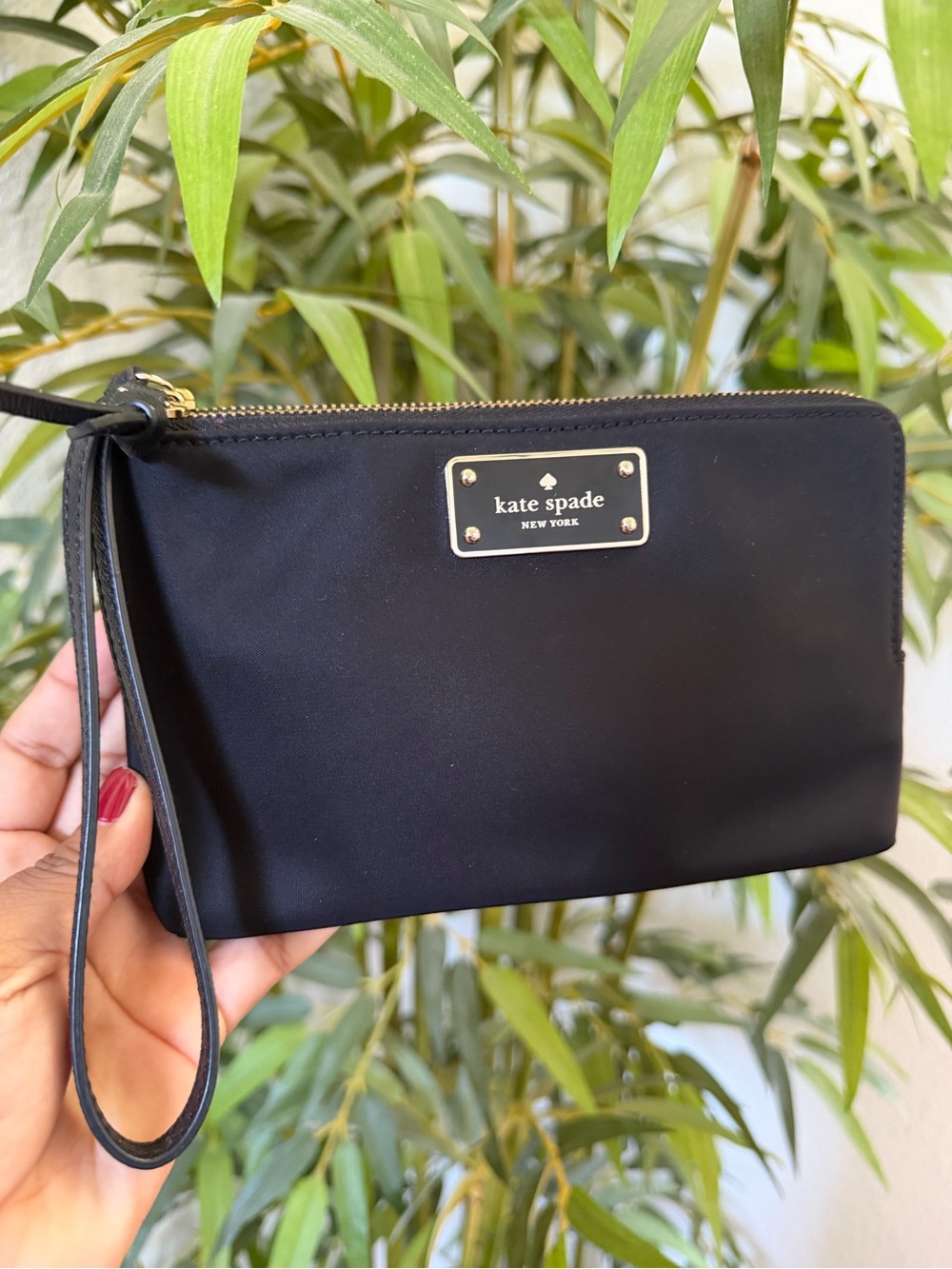 KATE SPADE Black Nylon Logo Plate Double Zip Wristlet